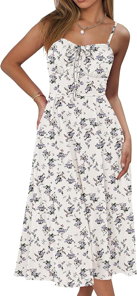 Caracilia Womens Summer Floral Midi Sundress Casual Spaghetti Strap Tie Front Boho Cami Corset Be... | Amazon (US)