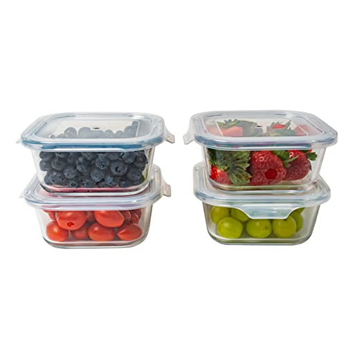 Bonita Home Square Glass Storage Container, Stackable BPA Free Airtight Seal Food Containers with Lids, Meal Prep Kitchen Organization and Storage, 5"x5" x 2.5", 17.6oz, 0.52L, White, 4 Pack | Amazon (US)