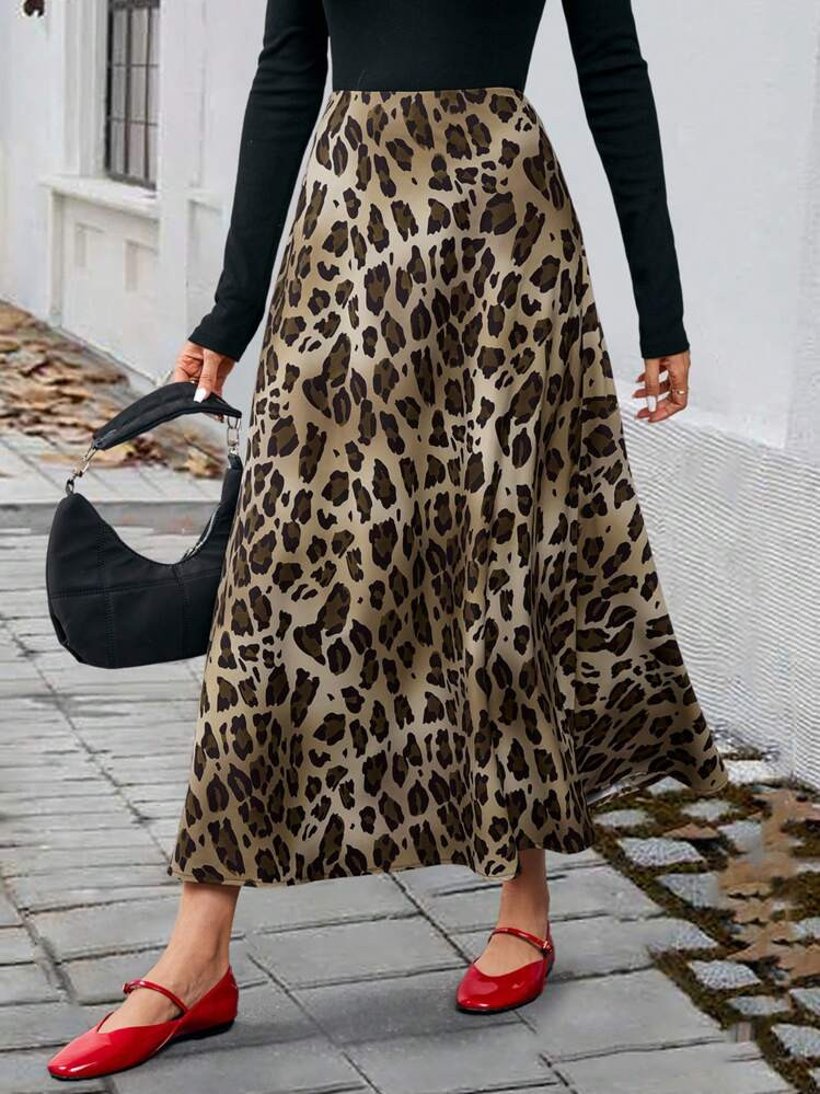 SHEIN Unity Women's Leopard Print Loose High Waist Zipper Elegant Chic Stylish Midi Skirt Fall Cloth For Women | SHEIN