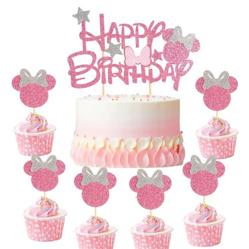 Wootkey Glitter Mouse Inspired Cupcake Toppers with Bow Pink and Sliver Happy Birthday Cake Topper Cupcake Picks 25Pcs Pink Birthday Party Favors Cake Decorations Supplies | Amazon (US)