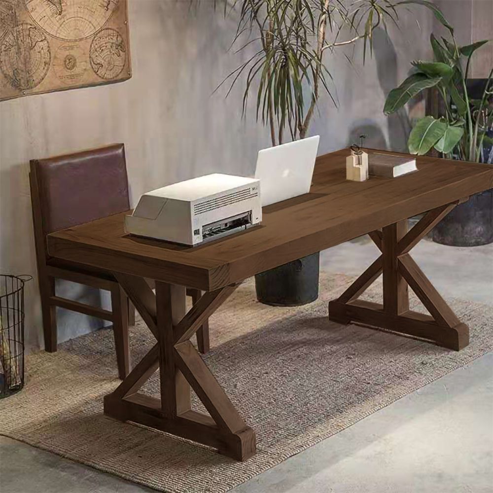 70.9" Rustic Farmhouse Computer Desk in Natural with Trestle Base Wooden Office Desk-Homary | Homary