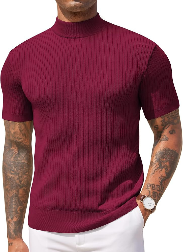COOFANDY Men's Mock Turtleneck Sweater Short Sleeve Casual Basic Tops Ribbed Knit Pullover Solid ... | Amazon (US)