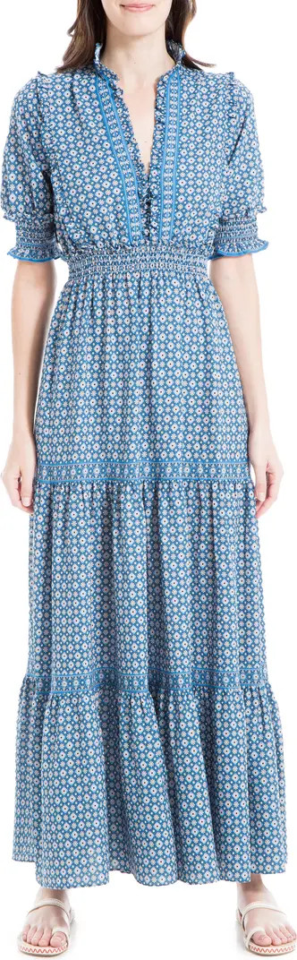MAX STUDIO Ruffle Collar Print Tiered Maxi Dress | Nordstrom Rack
