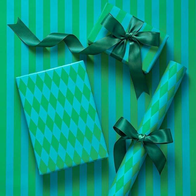 RUSPEPA Reversible Wrapping Paper Roll for Boys Girls, Mini Roll, Green and Light Blue Stripes & ... | Amazon (US)