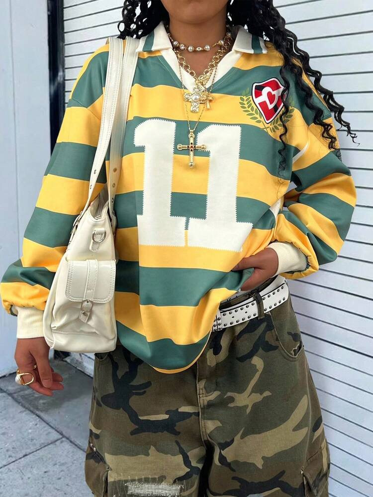 Rovax Plus Size Loose Fit Double Layer V-Neck Drop Shoulder Long Sleeve Sweatshirt | SHEIN