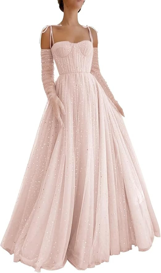 Zepumen Sparkly Starry Tulle Prom Dresses for Women Long Sleeves Spaghetti Straps Long Formal Eve... | Amazon (US)