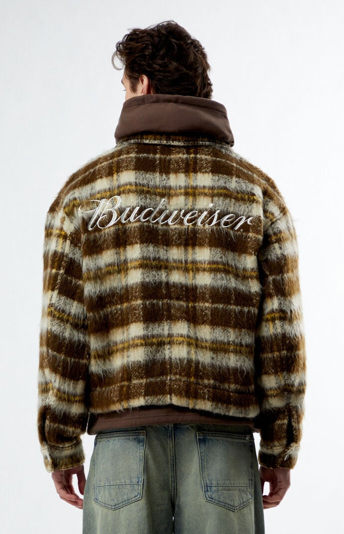 Budweiser Men's By PacSun Eureka Plaid Zip Up Jacket in Brown/Tan - Size Large | PacSun