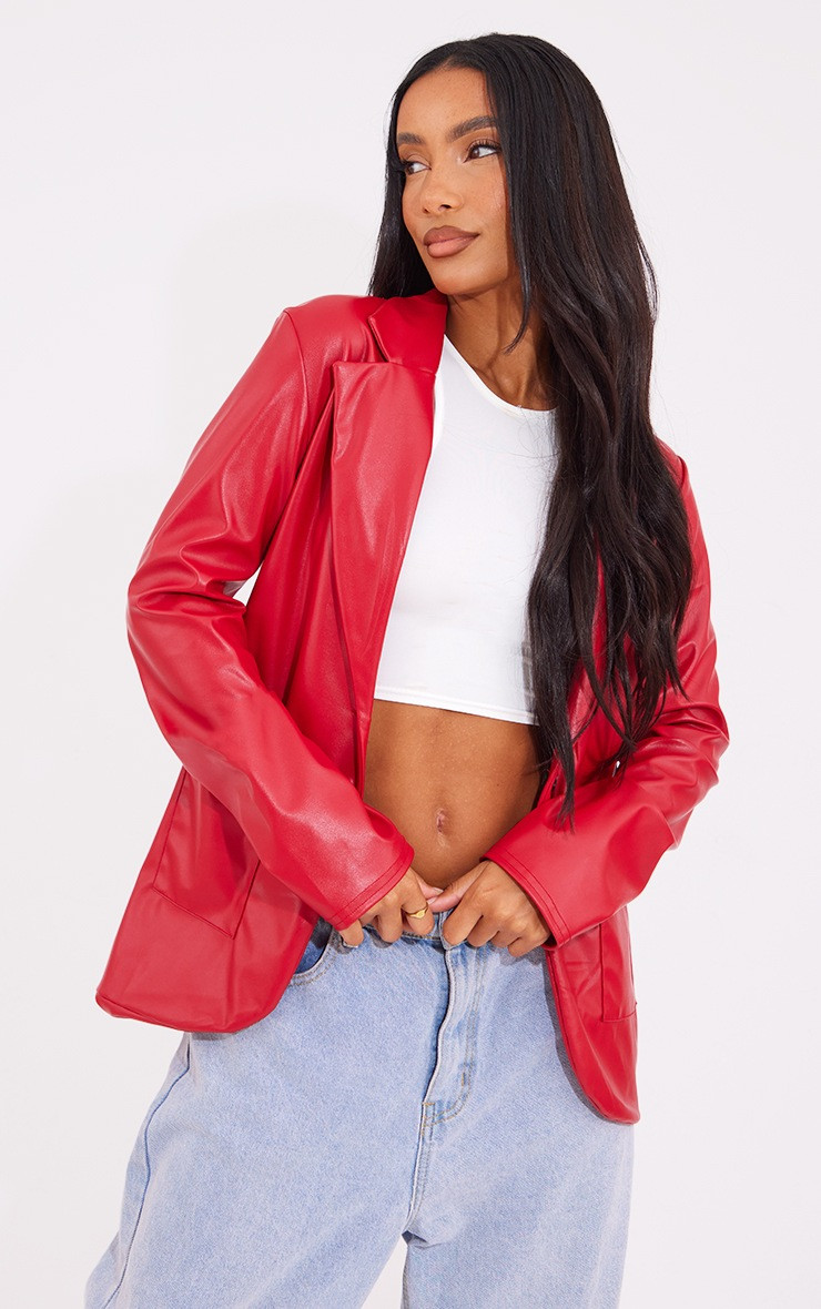 Red Basic Pocket Detail Curved Hem Faux Leather Blazer | PrettyLittleThing US