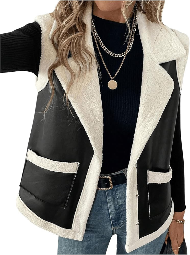 MakeMeChic Women's PU Leather Fuzzy Vest Open Front Sleeveless Pocket Warm Jacket | Amazon (US)