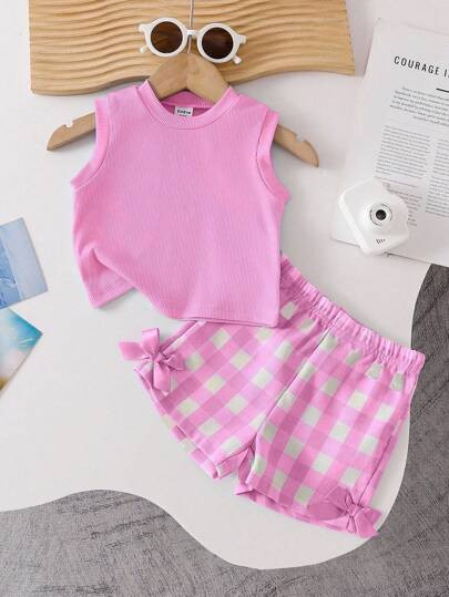 SHEIN Playful Pals Baby Girl Textured Sleeveless Top And Blue Plaid Shorts Set With Blue Bow Deco... | SHEIN
