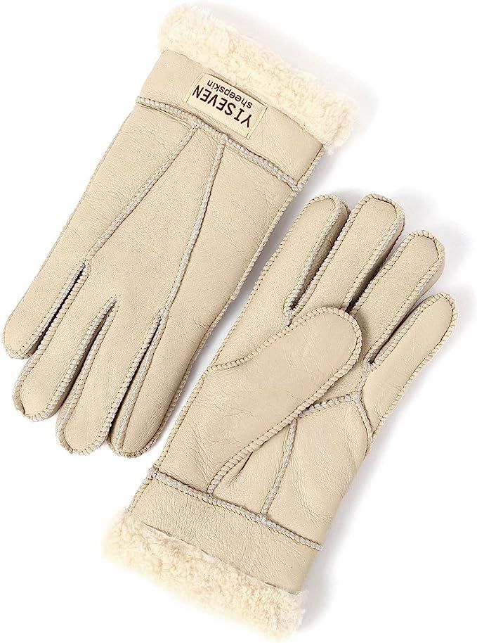 YISEVEN Womens Winter Sheepskin Shearling Leather Gloves Mittens Wool Cuffs | Amazon (US)