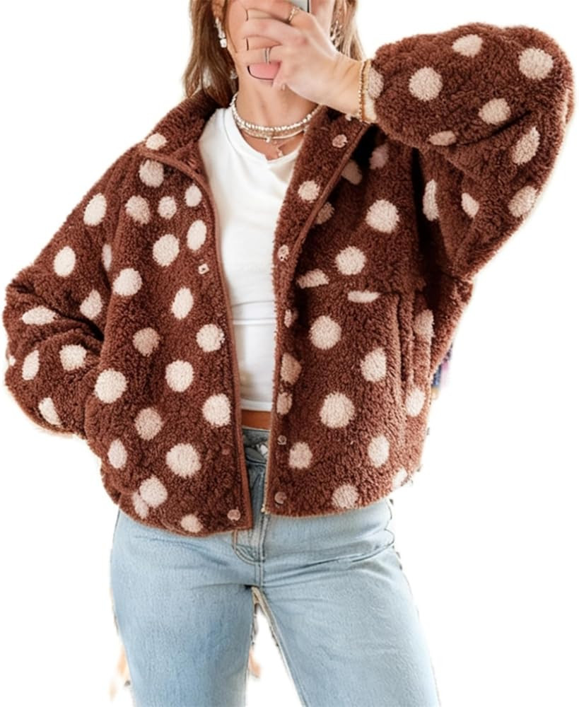 Thopavenoir Womens Fleece Fuzzy Jacket Polka Dot Long Sleeve Winter Fluffy Coats Button Down Sher... | Amazon (US)
