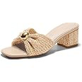 Coutgo Womens Low Chunky Block Heels Raffia Sandals Square Open Toe Slip On Slides Summer Beach D... | Amazon (US)