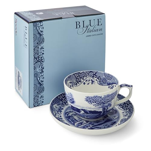 Portmeirion Spode Blue Italian Teacup and Saucer, 20-ounce Capacity, Jumbo Tea Set, Coffee Mug, Cup for Tea, Lattes, Espressos, and Hot Beverages - Blue & White | Amazon (US)