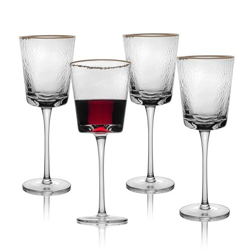 Gold Rimmed Wine Glasses, Set of 4-10oz, Triangular Shaped Hammered Glass Gold Rimmed Glasses - Fancy Wine Glasses - Hammered Glass Vintage Wine Glasses - Cute Wine Glasses w/Triangular Shape | Amazon (US)