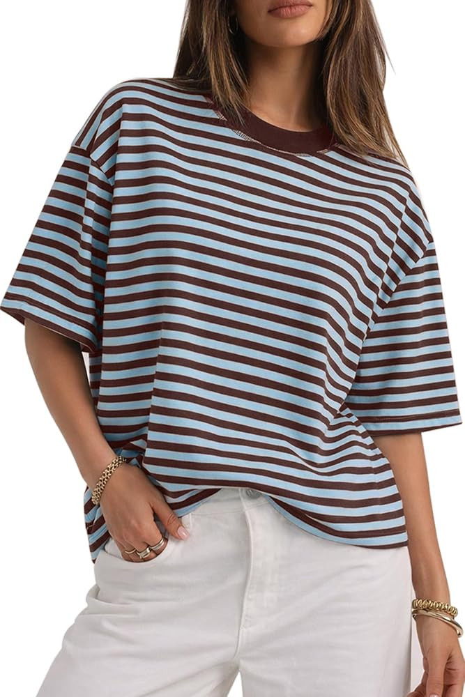 CHYRII Womens Oversized Striped T Shirts Crewneck Short Sleeve Fashion 2026 Casual Summer Cute Y2... | Amazon (US)