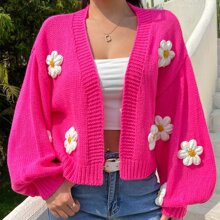 Floral Applique Bishop Sleeve Cardigan | SHEIN