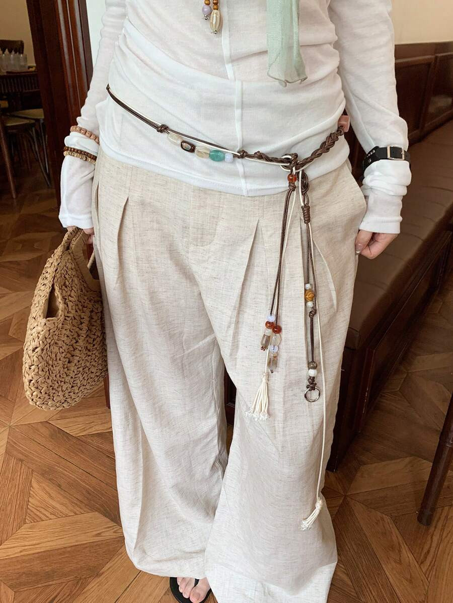 1pc Coffee Color Polyester Vintage Bohemian Beaded Waist Rope For Women | SHEIN