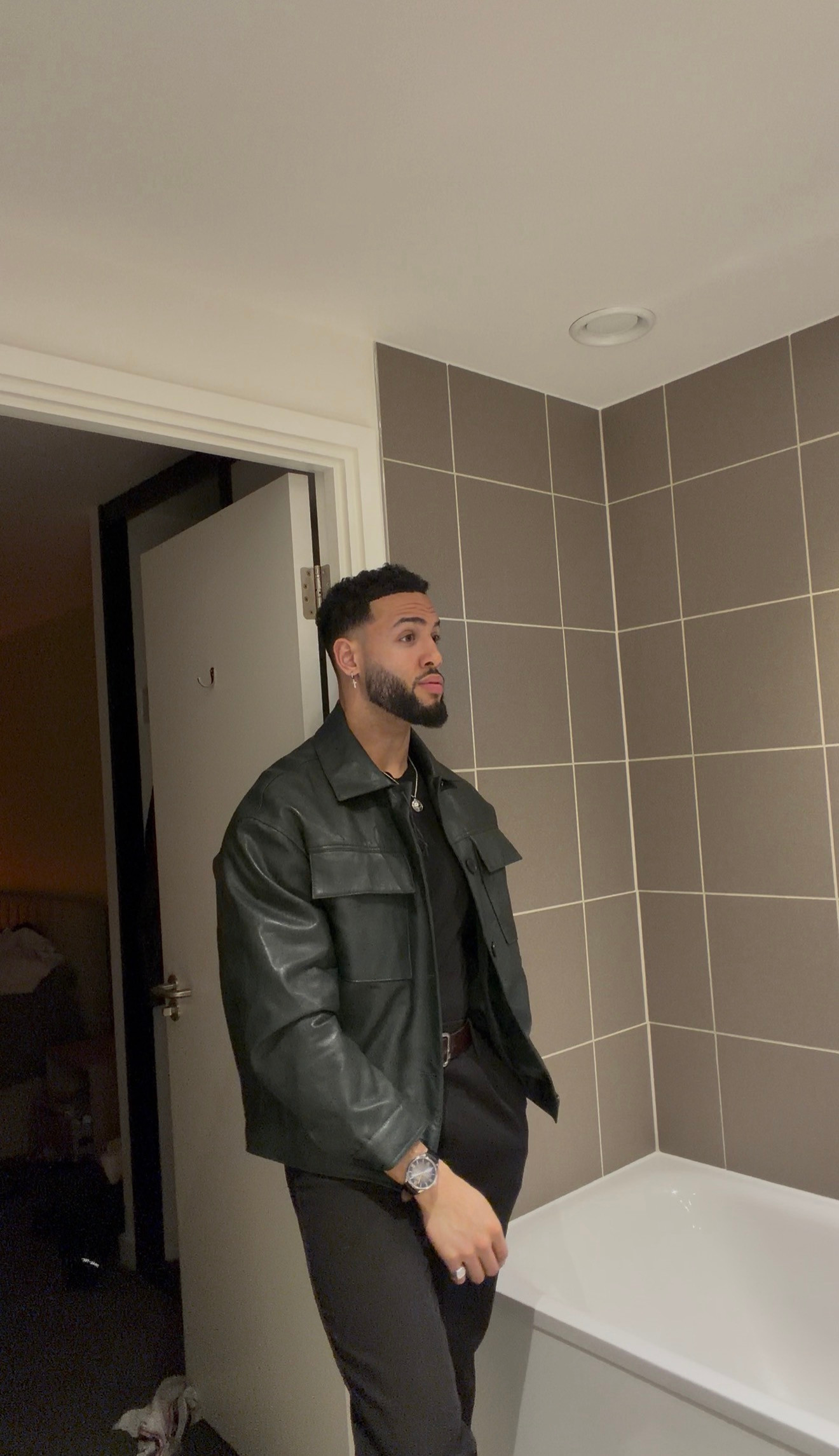 Dark green leather-look jacket with an all-black base 🖤 A simple smart casual outfit for dinner or date night, finished with a brown belt and silver watch. Shop similar pieces below to recreate the look.

Mens green jacket | black tailored trousers | autumn outfit | date night style 

 #LTKuk #LTKautumn #LTKmens