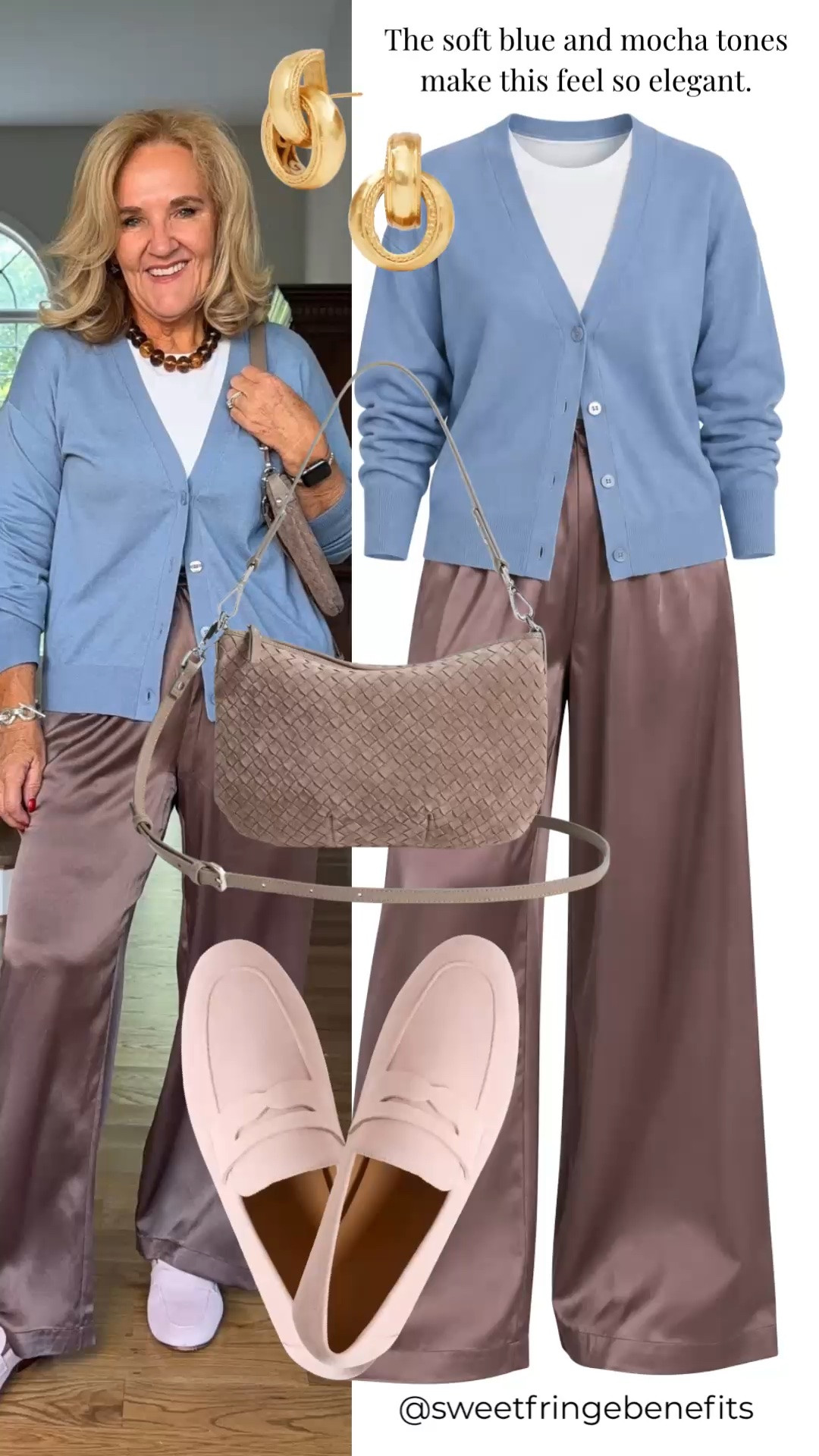 I’m really liking this soft blue and mocha combination. I’m wearing a medium in the sweater and a medium in the silk pants, and the little white tee underneath keeps the whole thing feeling easy.

#LTKootd #LTKOver40 #LTKTravel