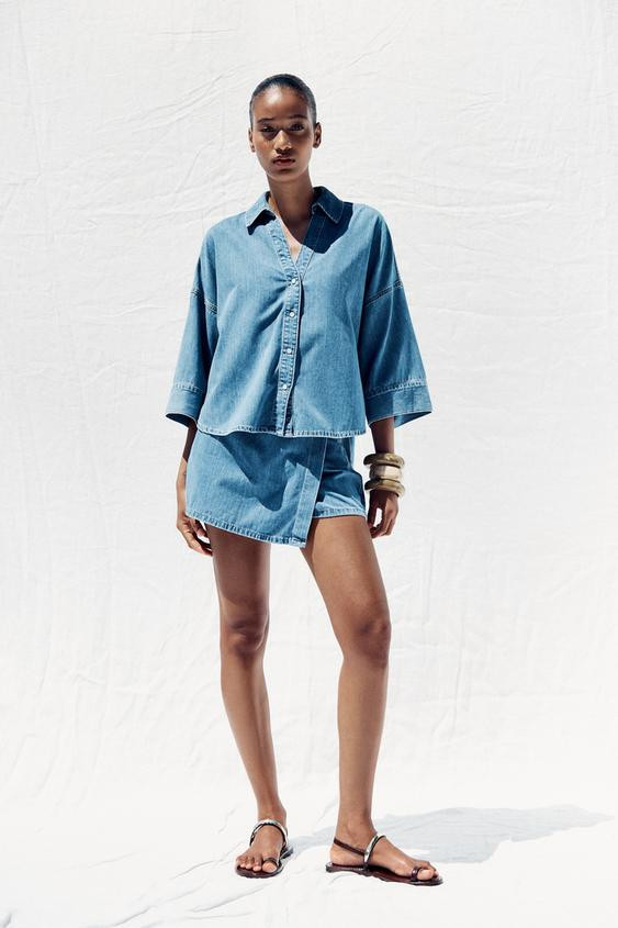 Z1975 FLOWY WIDE-SLEEVE DENIM SHIRT | Zara US