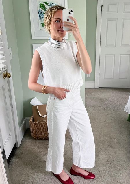 All white outfit with a silk scarf and red ballet flats! Love how this turned out and I linked a bunch of similar styles to recreate  

// coastal style, white denim, gold jewelry 

#LTKfindsunder100 #LTKSeasonal #LTKsalealert