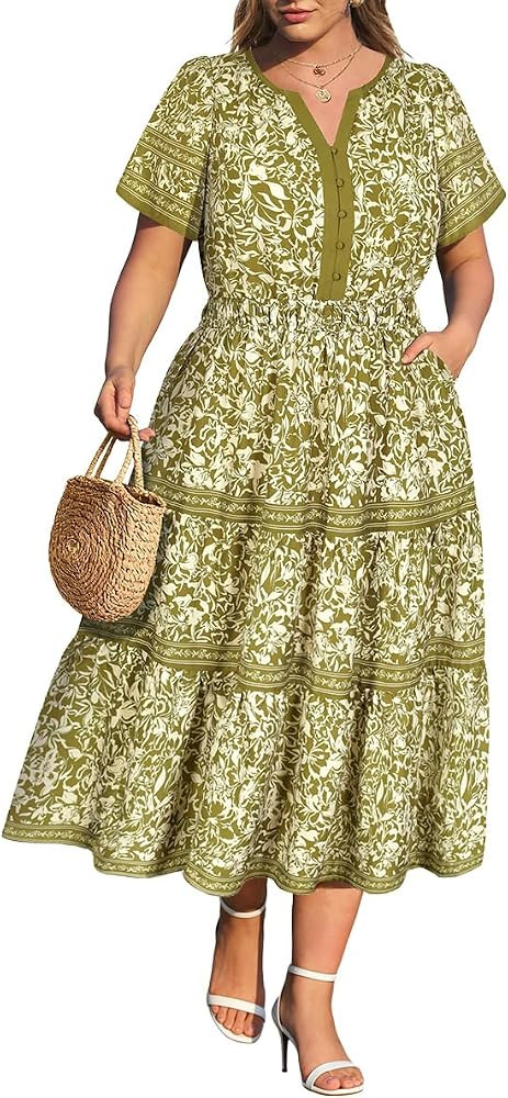 RITERA Plus Size Dresses for Curvy Women Vneck Short Sleeve Summer Floral Tiered Ruffle Maxi Dres... | Amazon (US)