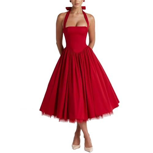 Women Summer Halter Dress Low Cut Sleeveless A Line Tulle Swing Flowy Tea Length Dress Corset Pro... | Amazon (US)
