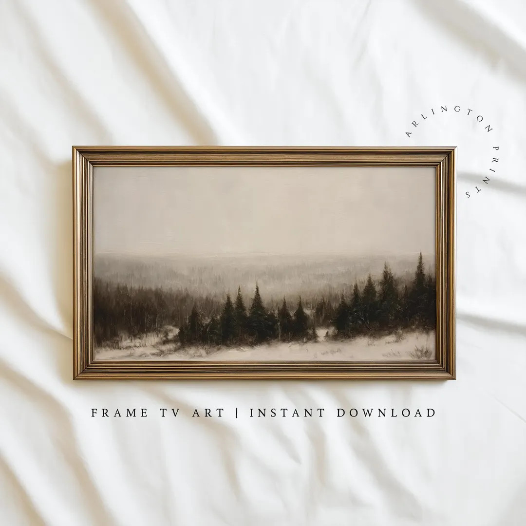 Samsung Frame TV Art, Winter Pine Tree Scene, Neutral Snowy Forest Painting, Rustic Minimalist Se... | Etsy (US)