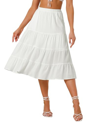 Allegra K Women's Midi Skirts Flare Tiered Pleated Boho Solid Elastic Waist Long A-Line Skirt wit... | Amazon (US)