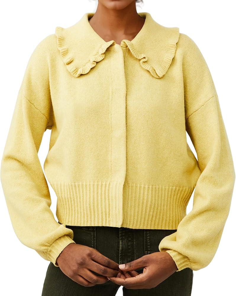 Ythomm Womens Ruffle Lapel Crop Cardigan Sweater Oversized Long Puff Sleeve Rib Hem Knit Button D... | Amazon (US)