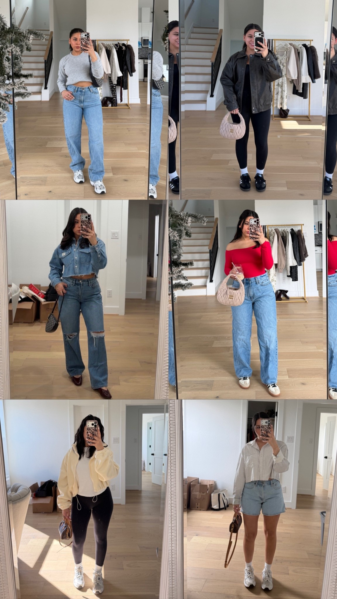 Outfit one 
Sweatshirt: small
Jeans: 27 
Sneakers: 4.5 men 

Outfit two 
Leggings: small 
Jacket: small 
Sneakers: 4.5 men 

Outfit three 
Denim shirt: xs 
Ripped jeans: 26 short 
Flats: 6.5 

Outfit four 
Red shirt: small 
Jeans: 26 
Sneakers: 5 men 

Outfit five 
Jacket: small 
Leggings: small 
White tee: small 

Outfit six
Button down: xs 
Denim shorts: 26 
White ankle socks 

#LTKgrwm #LTKootd #LTKFindsUnder100