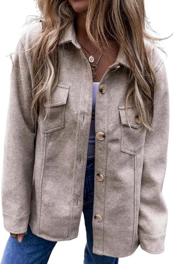 SELINK Shacket Jacket for Women Casual Turn Down Collar Flap Pockets Buttoned Shacket Solid Long ... | Amazon (US)