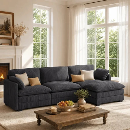 Asofer 110" Sectional Sofa with Ottoman, 3-Seater Convertible Corduroy Cloud Couch With Pillows for Small Space, Living Room Furniture, Dark gray | Walmart (US)