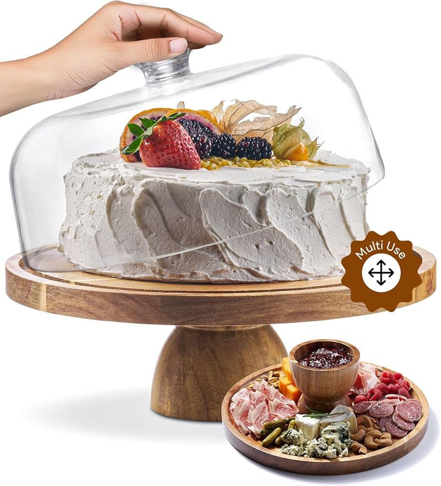 Acacia Wood Cake Stand with Lid - 12in Round Cake Holder, 2-in-1 Dessert Table Display Set & Char... | Amazon (US)