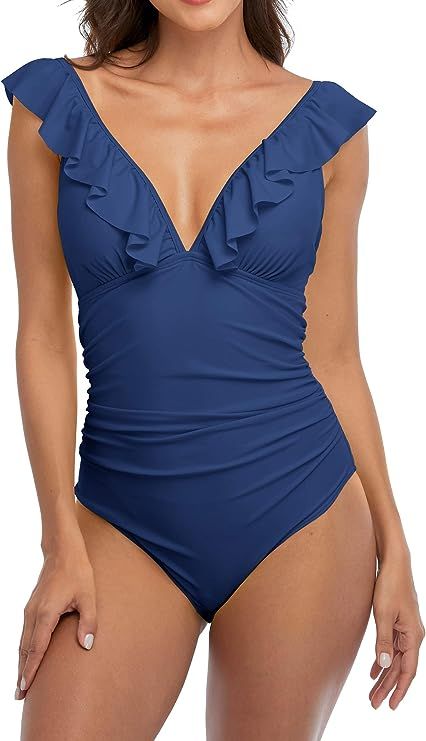 Sociala Ruffle One Piece Swimsuits for Women V Neck Ruched Monokini Bathing Suits | Amazon (US)