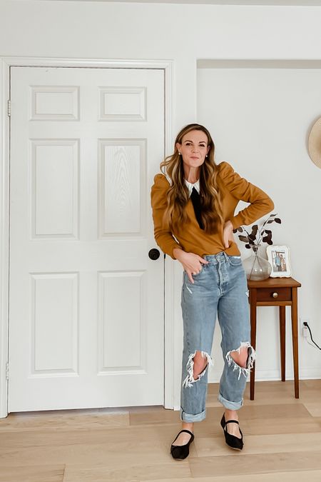 Peter Pan collar layered under puff sleeve sweatshirt + ripped jeans + ballet flats. Size up in sweatshirt and size down in jeans. 

#layers
#winteroutfit
#momstyle
#femininestyle 

#LTKSeasonal #LTKunder100