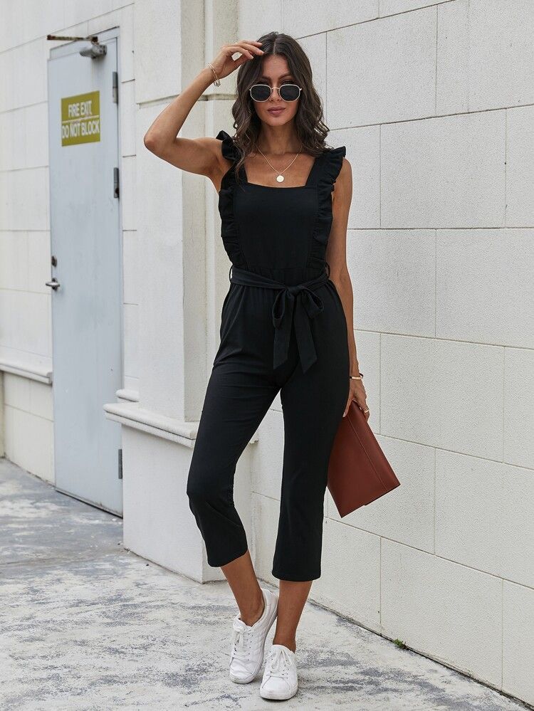 Ruffle Trim Square Neck Belted Jumpsuit | SHEIN