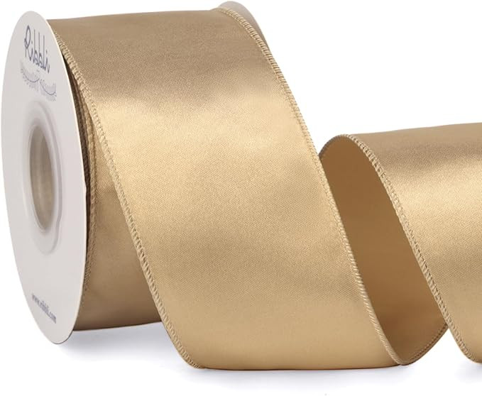 Ribbli Champagne Gold Satin Wired Ribbon 2.5 Inch Champagne Christmas Ribbon for Gift Wrapping Wr... | Amazon (US)