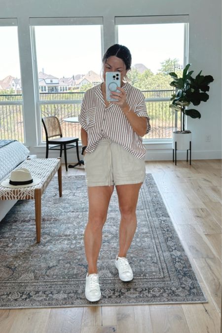 Love this lightweight button down top 🎽and my go to sneakers 👟 

Summer 😎 outfit / casual outfit / white leather sneakers / comfy outfit / neutral outfit / stripe top / comfy sneakers / affordable jewelry /

#LTKGiftGuide #LTKSaleAlert #LTKHome