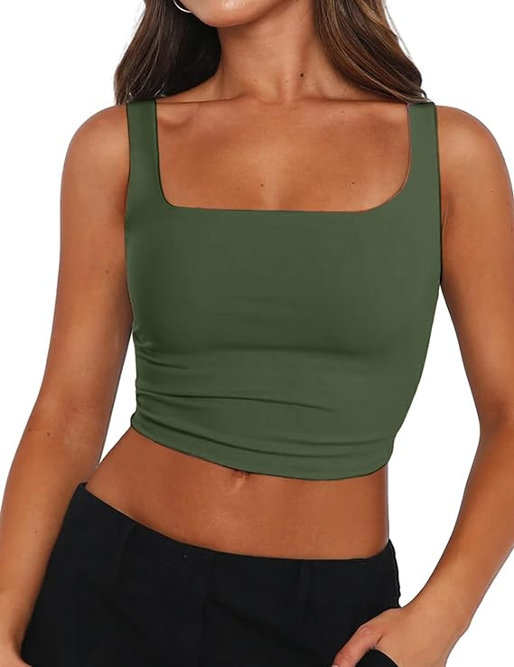 Zeagoo Women's Square Neck Sleeveless Crop Tops 2024 Cute Double Layer Seamless Slim Fit Y2k Tank... | Amazon (US)