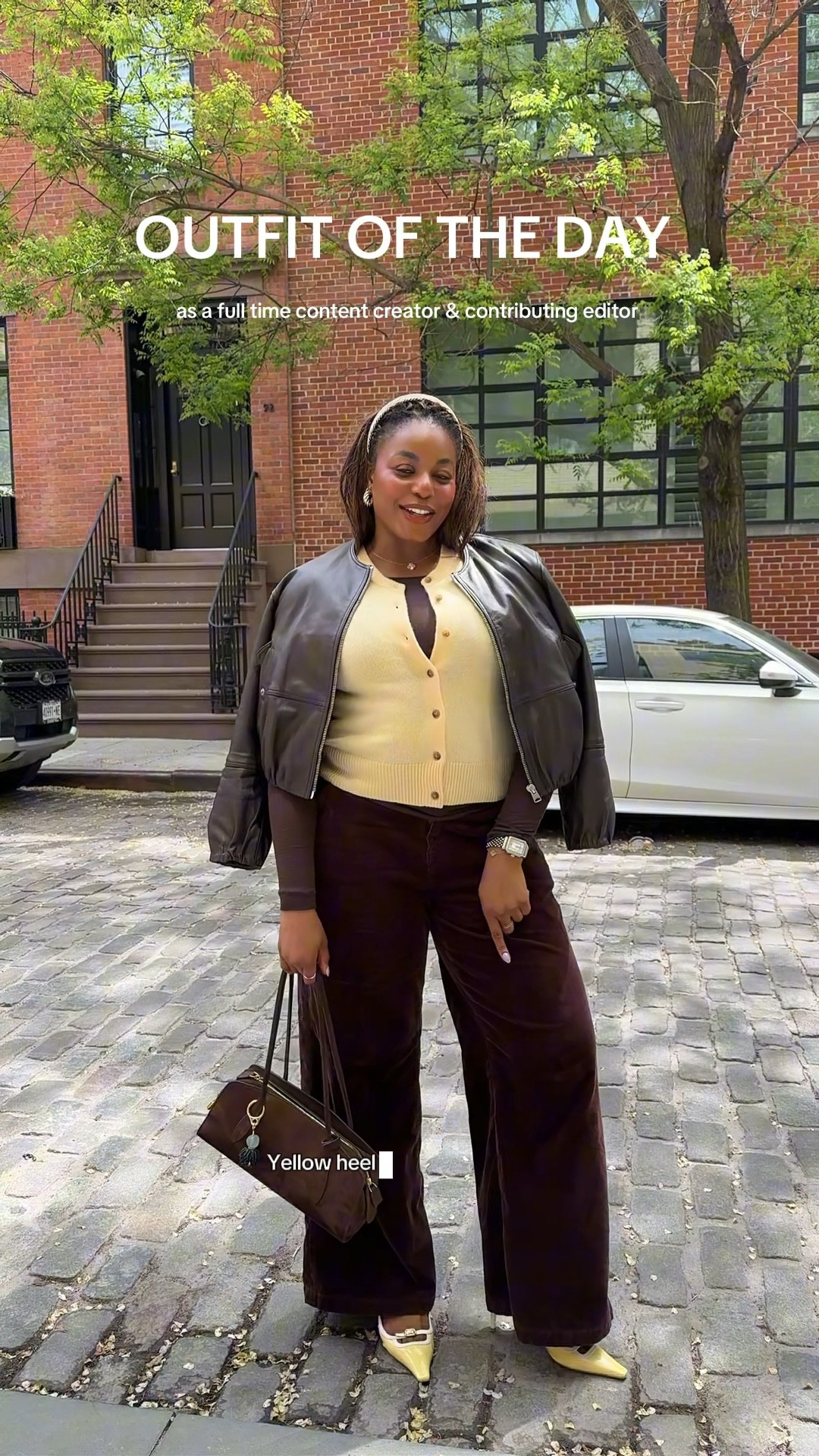 Sharing my spring outfit of the day as a full-time content creator! Wearing a yellow cardigan, brown top, corduroy pants, yellow kitten heels, leather jacket from quince - linking below! … For more links to spring outfits 2026, country concert outfits, spring dresses, date night outfits, vacation outfits beach, business casual workwear, work outfts, travel outfits, follow me on LTK! ✨

#LTKWorkwear #LTKgrwm #LTKootd