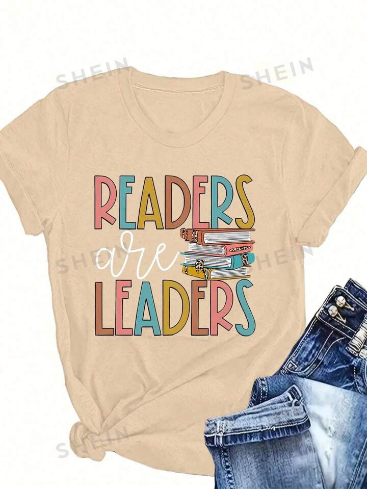 SHEIN LUNE Summer Round Neck Women's T-Shirt With Letter And Book Print | SHEIN