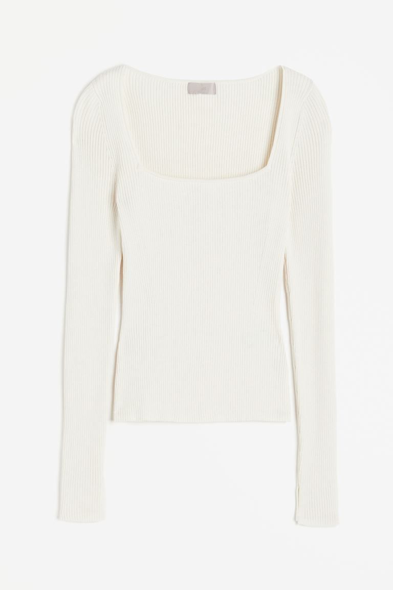 Square-neck Rib-knit Top - Cream - Ladies | H&M US | H&M (US + CA)
