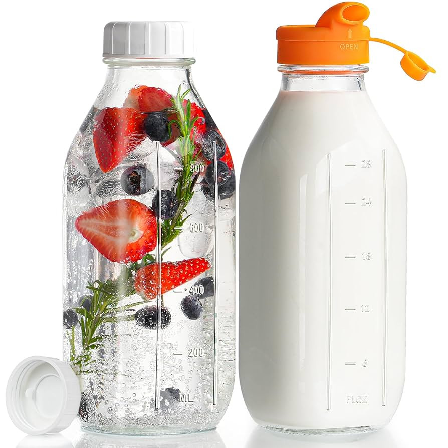 32 oz Reusable Glass Milk Bottles with Silicone Dispenser Cap, 2 Pack Glass Jars with Airtight Sc... | Amazon (US)