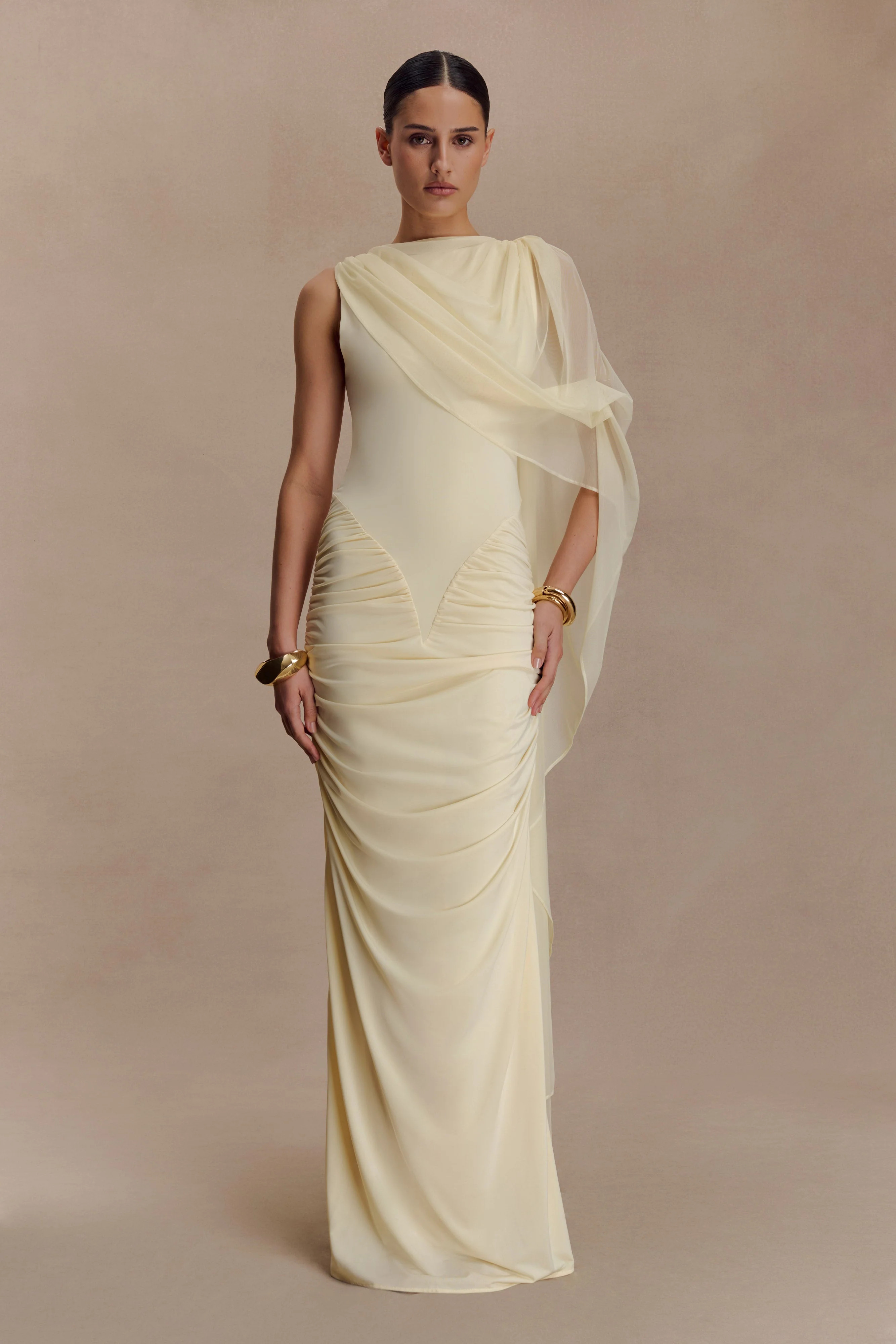 Amandine Ruched Slinky Maxi Dress - Lemon | Meshki UK