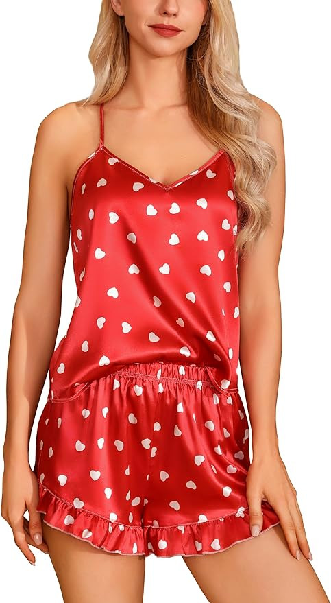 Samring Silk Pajamas for Women Satin Camisole Sleepwear Sexy Lingerie Cami Top with Ruffled Short... | Amazon (US)