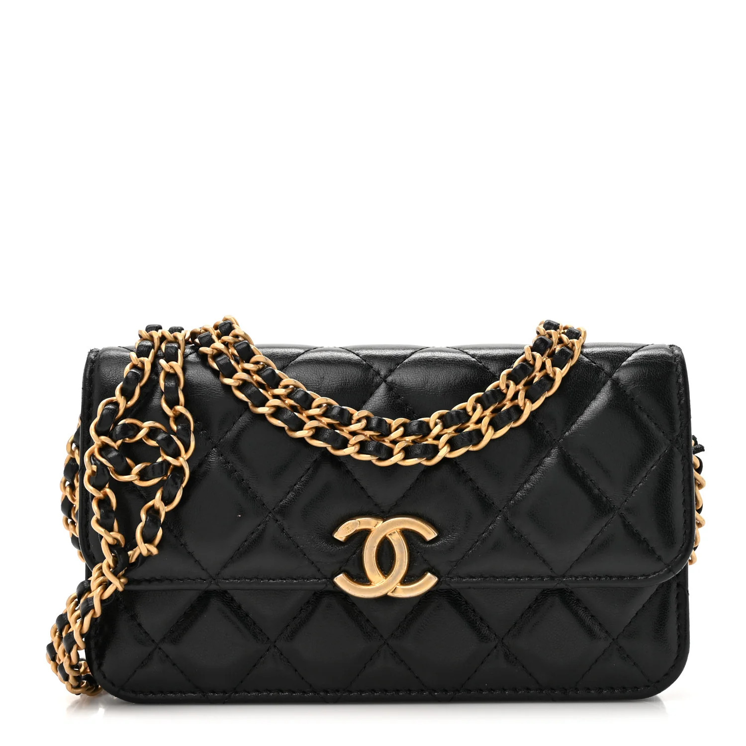 Lambskin Quilted CC Logo Flap Phone Holder With Chain Black | FASHIONPHILE (US)