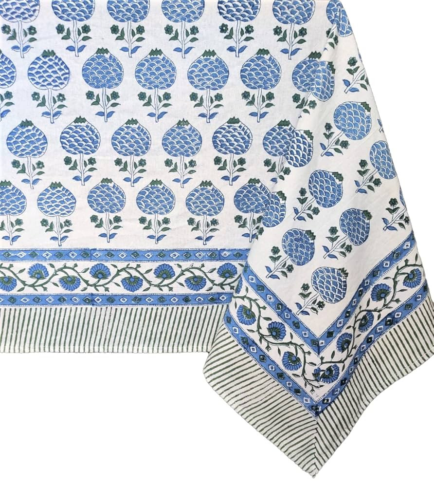 ATOSII Roma Blue 100% Cotton Boho Rectangle Fall Tablecloth, Handblock Floral Print Table Cloth L... | Amazon (US)