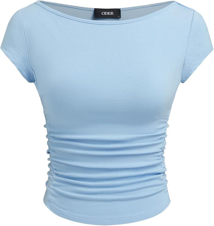 CIDER Women Ruched Crop Top Cap Sleeve Tee Boat Neck Fitted T Shirts | Amazon (US)